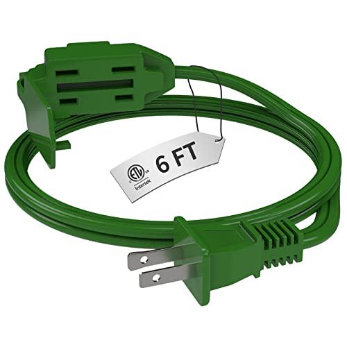 PLUGTUL Indoor Green Extension Cord 6 Feet, 3-Outlet Household Extension Cord, 2 Prong, 16 Gauge, 3 Polarized Outlets with Safety Cap Protect for Home Office, 16/2 SPT-2 ETL Listed
