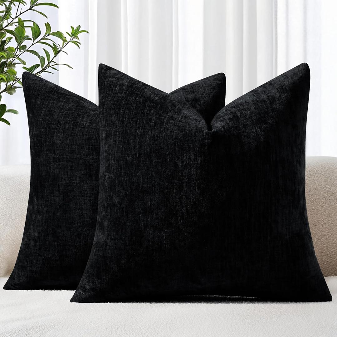 decorUhome Chenille Black Throw Pillow Covers 18x18 Inch Set of 2, Decorative Soft Couch Pillow Covers Solid Dyed Accent Farmhouse Neutral Square Pillow Cases for Sofa