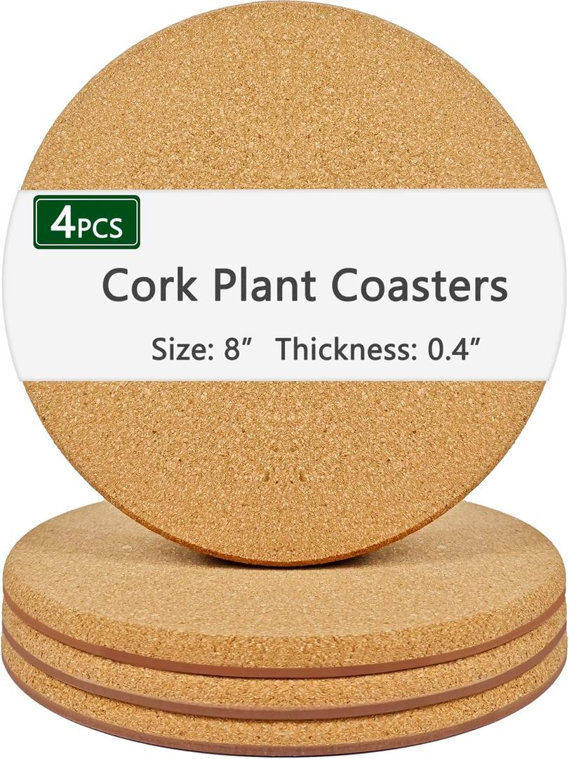 8 Inch Cork Plant Coasters, 4 Pcs Double Layers Thickened Cork Plant Mats, Cork Coasters for Plants, Cork Mats for Plant, Plant Coasters for House Plants