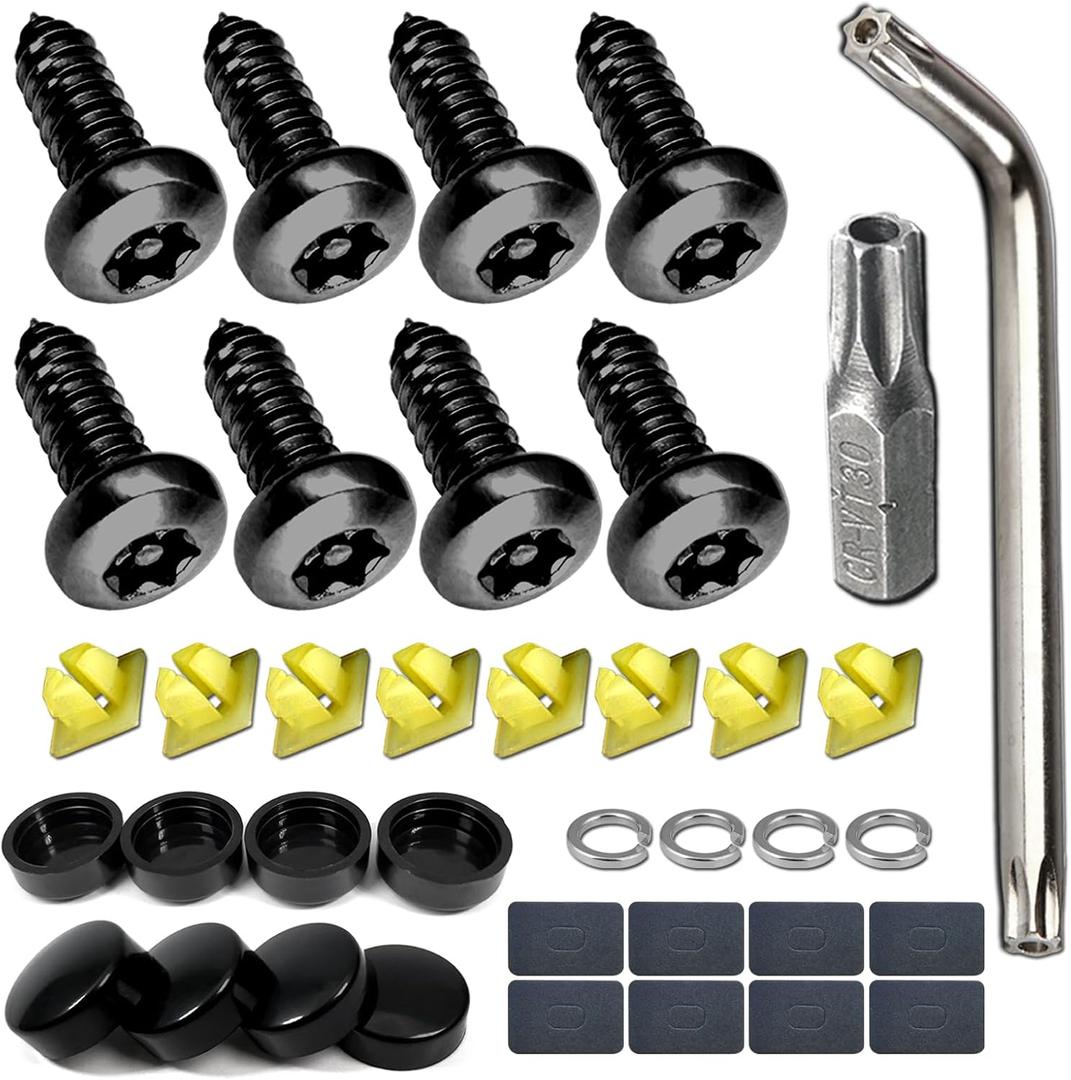 BGGTMO Black License Plate Screws- Stainless Steel Plate Mounting Hardware for Car Tag Frame, Anti-Theft Security Self-Tapping Screws Fit Front Bumper, with Matte Black Caps, Insert Fasteners