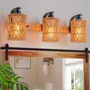 Boho Vanity Light Fixtures,Bathroom Lights Over Mirror,Rustic Rattan Wall Sconce with Woven Cage,3-Light Boho Wall Mounted Light Wooden Farmhouse Vanity Lighting for Bedroom Hallway Living Room Foyer (Cylinder shade)