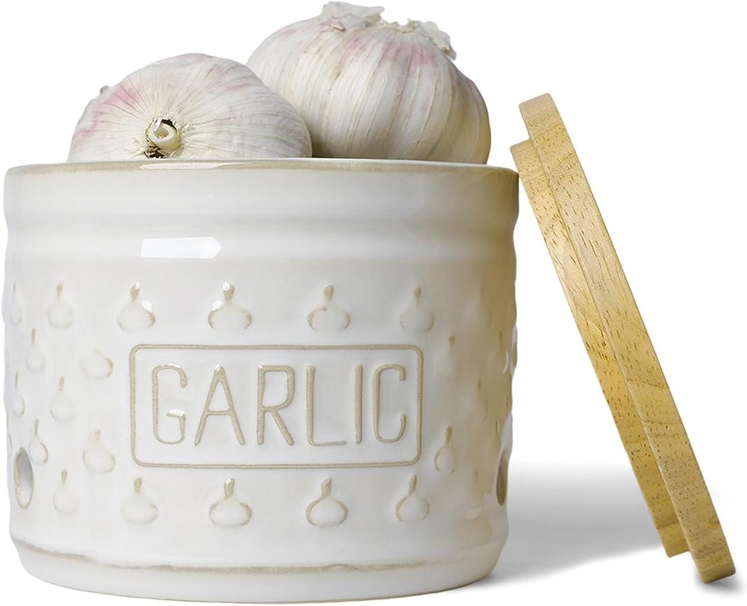 Ceramic Garlic Keeper with Wooden Lid, Farmhouse Garlic Holder Storage for Kitchen, Garlic Saver to Keep Your Garlic Cloves Fresh Longer, 4.3-Inch (Vintage Whtie)