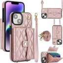 XIZYO for iPhone 15 Case, Wallet Cute Leather Case with Card Holder Crossbody Cover for Women Girls Strap Wristlet RFID Blocking Shockproof Protective Cover, Rose Gold