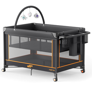 Pamo Babe Pack and Play - Travel Crib with Mattress, Easy Setup Small Portable Playpen for Babies, Lightweight Foldable Baby Playard with Lockable Wheels, Toy Arch & Large Storage Bag - Black