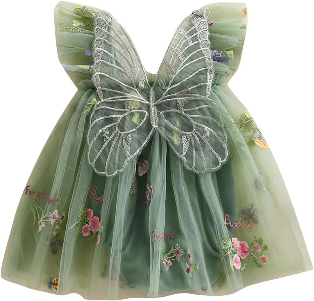 Newborn Infant Baby Girls Clothes Flower Butterfly Embroidery Sleeveless Romper Tulle Mesh Dress Toddler Bodysuit (Green)