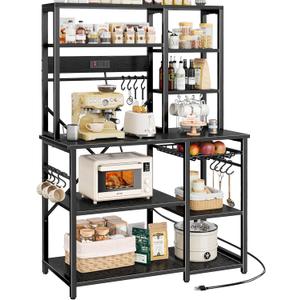 SUPERJARE Large Bakers Rack with Power Outlets, 6-Tier Microwave Stand, Coffee Bar with 12 S-Shaped Hooks, Kitchen Shelf with Wire Basket, 39.4 x 14.6 x 66.9 Inches, Black