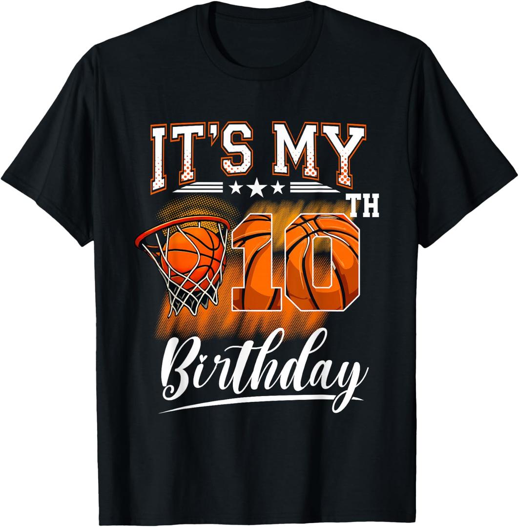 It's My 10th Birthday Basketball Theme 10 Years Old Birthday T-Shirt (Black, L)