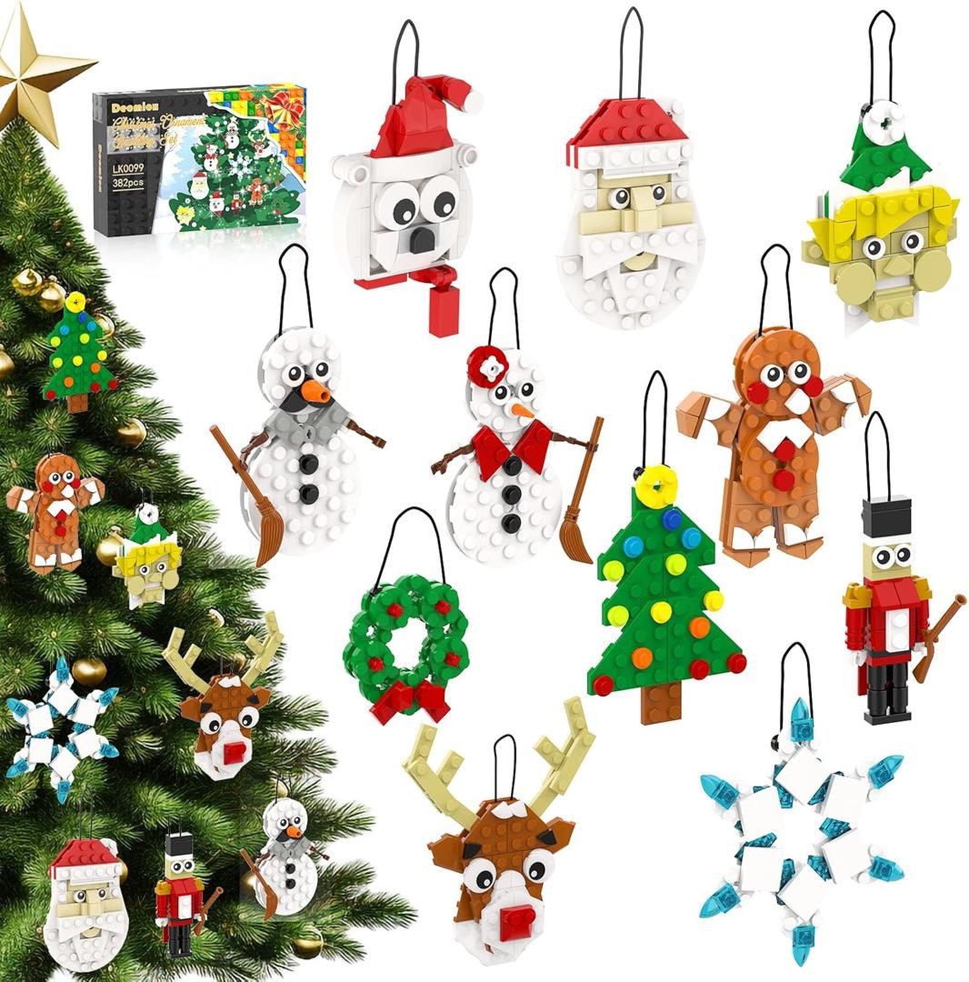 Christmas Ornaments Building Set, 11-in-1 Christmas Tree, Wreath, Nutcracker, Gingerbread, Polar Bear, Snowflake, Reindeer, Santa, Stocking Stuffers Toy Gifts for Boys Girls Kids Ages 6+.