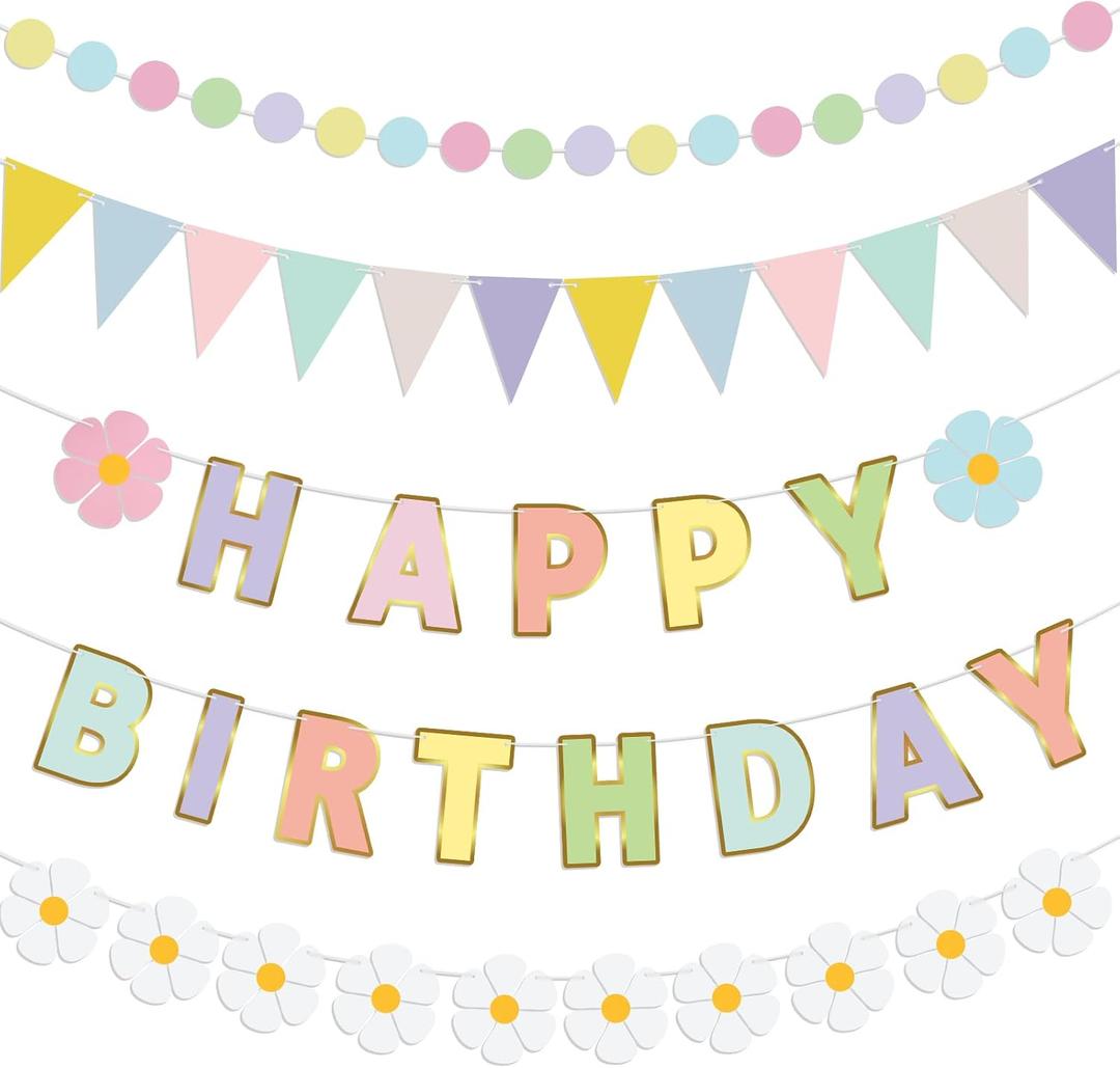 5 Pcs Macaron Daisy Birthday Party Bunting Banner, Pastel Birthday Decorations Pennant Banners Daisy Party Backdrop Supplies