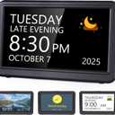 Raynic Date Clock, Digital Clock with 12 Themes, 20 Alarms, 20 Reminders, Semi-Automatic Dimming, 12/24 Hours, Auto DST Clock for Seniors Desktop, Office, Students (Black, 7 Inches)