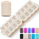 Foldable & Portable Pill Organizer 2 Times A Day with Extra Compartments - Etched Labels - Weekly 7 Day AM PM Medicine Box, Week Daily Travel Pill Case Holder Dispenser for Vitamin, Supplement - Khaki