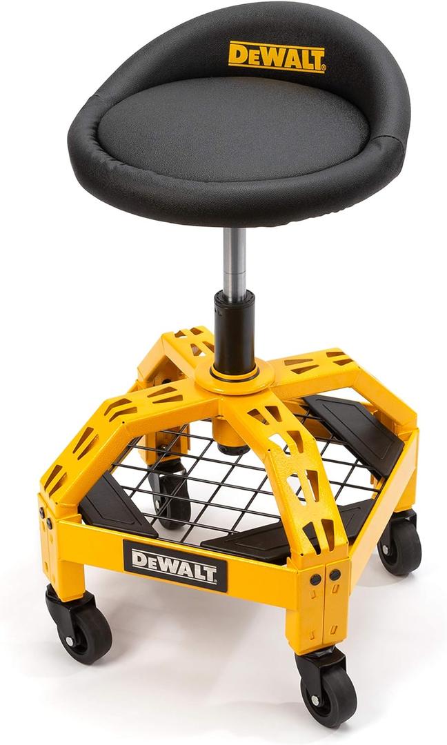 DEWALT Heavy Duty Adjustable Rolling Shop Stool, 360-degree Swivel Industrial Garage Stool with Padded Seat, Storage Shelf, Removable Wheels (Yellow and Black)