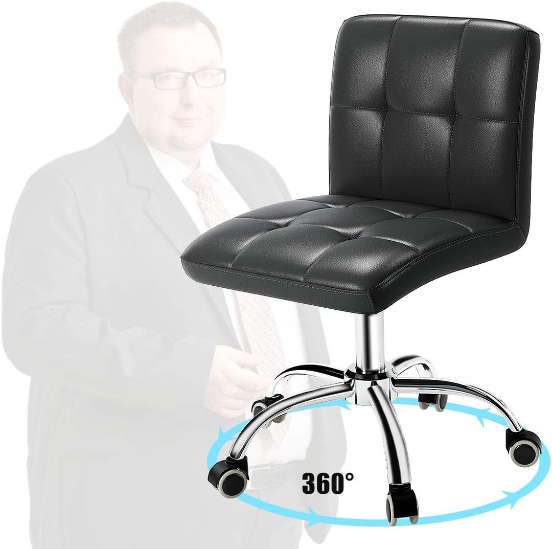 360 Office Desk Chair,PU Adjustable Rolling Task Chair with Backrest for Barber,Office,Home, Computer,360 Swivel,Armless (Black)