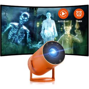 AAXA HP Halloween Projector (2025 Upgraded) for Haunted Windows, Auto-Start, Holographic Projections, Short Throw, HD 1080P, Portable Projector with 8 Pre-Loaded Hologram Movies, Built-in Speaker, Orange