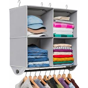 HOLDN STORAGE Hanging Closet Organizer with Garment Rod  Heavy Duty 4-Shelf Hanging Shelves for Clothes, Sweaters & Shoes, Reinforced 600D Fabric Storage Unit with Built-in Clothing Rod, Grey