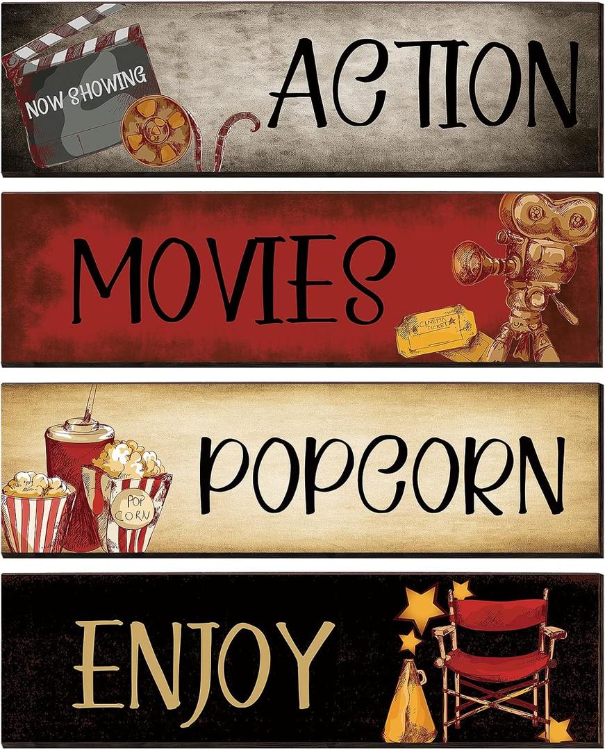 Yalikop 4 Pieces Movie Theater Decor Wooden Home Theater Decoration for Popcorn Enjoy Film Classic Decor Rustic Room Wall Media Room Wall Art(15.7 x 5.1 Inch)