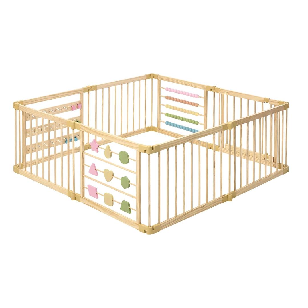 ZETY Natural Wood Baby Playpen  8 or 10 Panel Foldable Play Yard with Door Panel and Built-in Toys, CPC Certified & SGS Tested