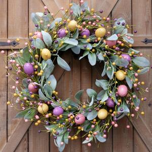 Bibelot 20 Inch Spring Easter Colorful Eggs Eucalyptus Leaves for Front Door, Eggs Berries Wreath with Artificial Green Leaves for Inside and Outside, Summer Spring Home Decor Wreath