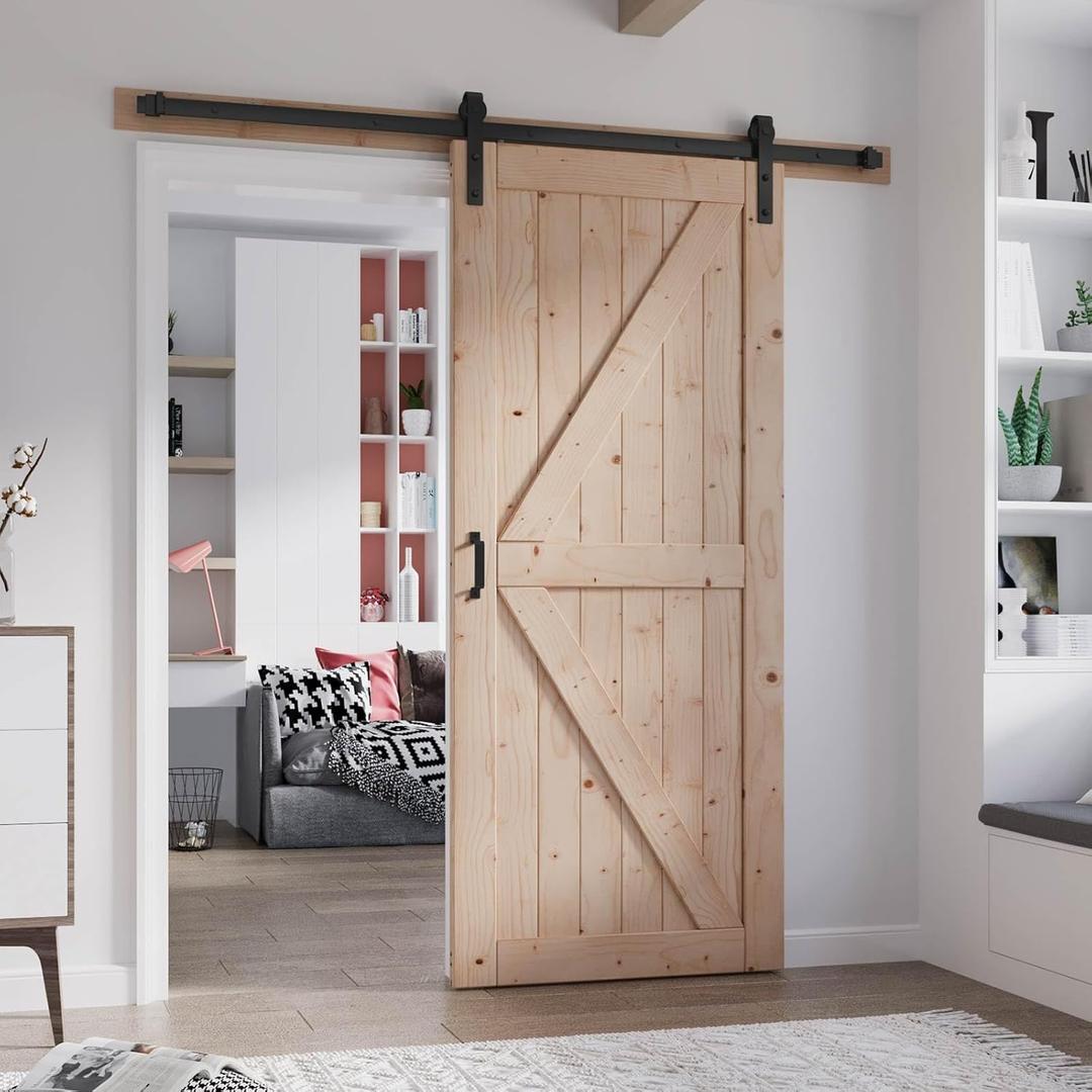 FREDBECK 36in x 84in Wood Barn Door with 6.6FT Barn Door Hardware Kit Included K Shape Solid Spruce Panel Needs Assembly