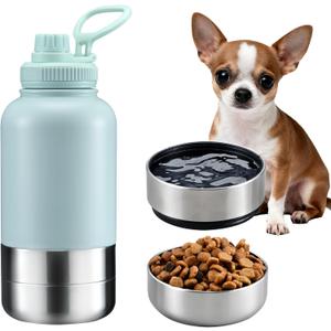 Cibaabo Insulated Dog Water Bottle with 2 Bowls, 32oz Travel Stainless Steel Double Wall Thermos, Portable Pet Dispenser, Gifts for Puppy Small Medium Dogs Walking Hiking and Camping (Mint Green)