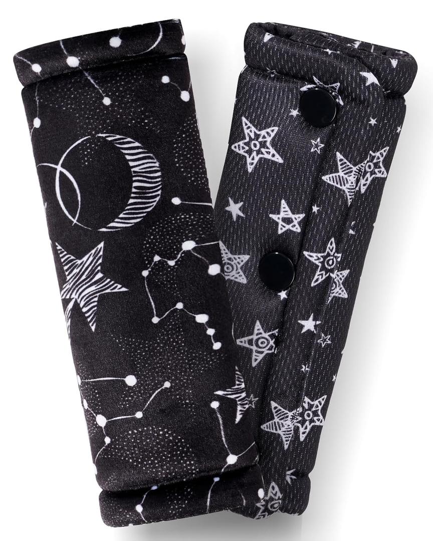 2 Pack Car Seat Belt Covers for Baby Kids, Reversible Soft Car Seat Shoulder Strap Pads, Seatbelt Cushion, Neck Strap Covers for Stroller, Carrier, Pushchair (Black Star)