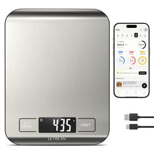 Ultrean Smart Food Kitchen Scale with Nutritional Calculator, App for Macro & Calorie Tracking, AI Scan, Digital Grams and Ounces for Weight Loss, Rechargeable, Stainless Steel, 33lb /15kg