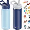 baab 18oz/500ml Kid Water Bottle, Insulated Water Bottle with Straw & Stickers, 18/8 Stainless Steel Vacuum Leakproof Kids Water Straw Cup for Sports Travel & School (Navy Blue+Light Blue, 2 Pack)