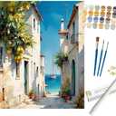 Travel Paint by Numbers Kit for Adults - DIY Coastal Village with Lemons and Sailboat Painting on Rolled Canvas 16x20In, Acrylic Paint Set, Suitable for Beginners, Art for Home Decoration or Gifts