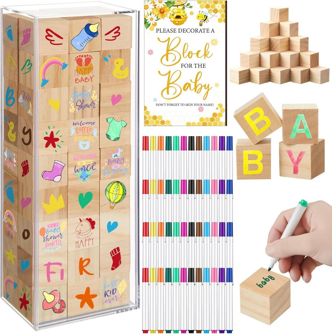 Tenceur 104 Pcs Baby Shower Game Sign Set Baby Shower Blocks to Decorate 54 DIY Blank Wooden Block 48 Watercolor Markers with Acrylic Box Set for Games Gender Reveals Party Supplies(Bee)