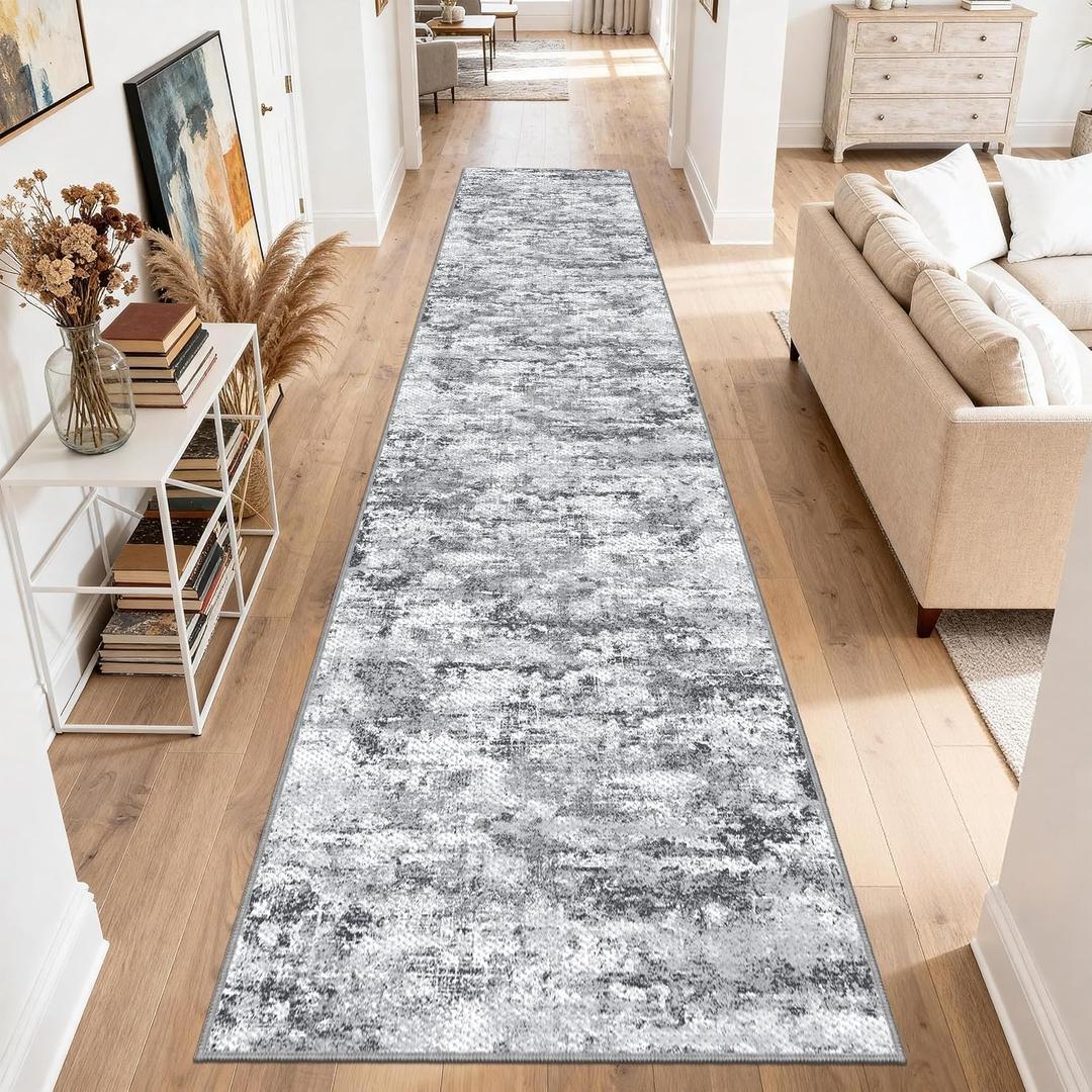 Long Hallway Runner Rug 3x12 ft Textured Non Slip for Dogs, Gray