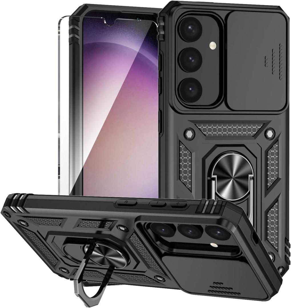 for Galaxy S25 Plus Case with Slide Camera Cover HD Screen Protector [Military Grade 16ft. Drop Tested] Magnetic Ring Kickstand Protective Phone Case for Samsung Galaxy S25 Plus (Black)
