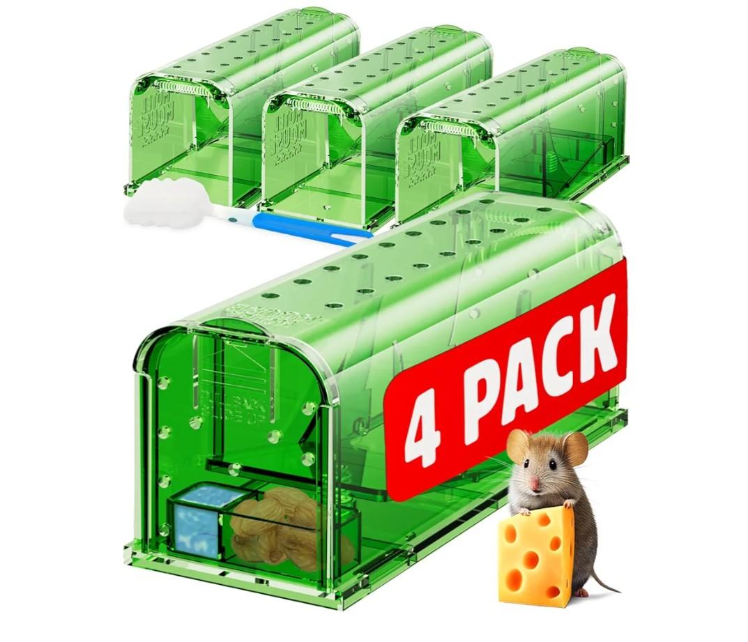 Motel Mouse Humane Mouse Traps No Kill Live Catch and Release 4 Pack - Reusable, Easy to Use & Clean, No Touch Release, Sensitive Includes Cleaning Brush, Instruction Manual & Video - Mousetrap Indoor