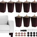 TURSTIN Set of 8 Furniture Legs 4 Inch Square Solid Wood Couch Legs Replacement Sofa Legs Mid Century Furniture Feet for Armchair Bed Dresser Cabinet Include Installation Hardware, Brown