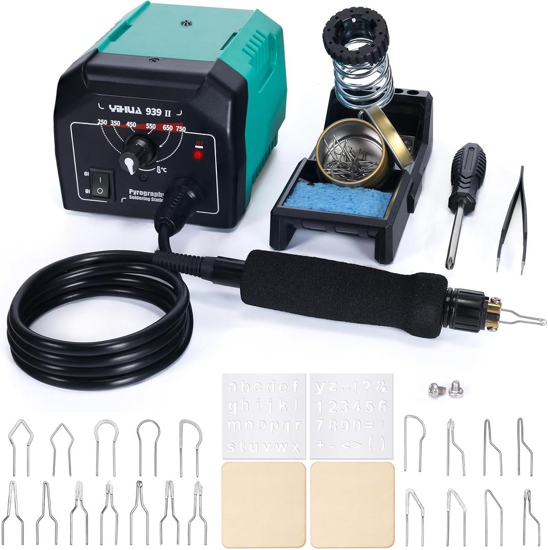 YIHUA 939-II Wood Burning Kit Station Pyrography pen 250~750/482~1382 Temperature Adjustable with 20 Wire Nibs, 1 stable pen holder, 2 stencils, 2 scrap wood, 1 S/S Tweezers, and 1 pliers (Green)
