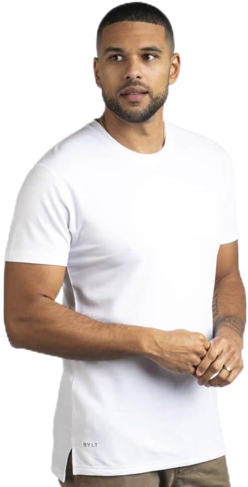 BYLT Split Hem Short Sleeve Men's T-Shirt - Polyester, Cotton, and Spandex Blend – Moisture Wicking, Breathable, Classic Fit (White, S)