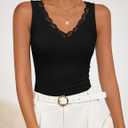 ZESICA Tank Tops for Women Summer Ribbed Knit V Neck Lace Trim Tanks Sleeveless Casual Going Out Cami Shirts 2026 Black Medium