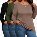 3 Pack Women's Plus Size Cotton Shirts, Scoop Neck Long Sleeve Casual Tops Form Fitting Knitted T-Shirts Blouses L