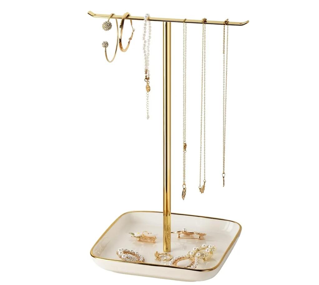 pickpiff Necklace Holder Stand with Ceramic Base: 12" Jewelry Tree Display Organizer for Necklaces, Bracelets, Rings, Earrings, Tall Gold Stand for Women, Aesthetic Room Décor, Gold and White