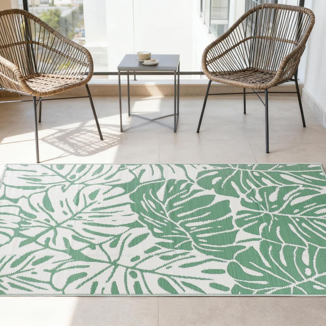Reversible Waterproof Outdoor Rug Lightweight UV-Resistant Rug for Patio, Camping & Beach (Green Leaves, 5' x 8' (Rectangular))