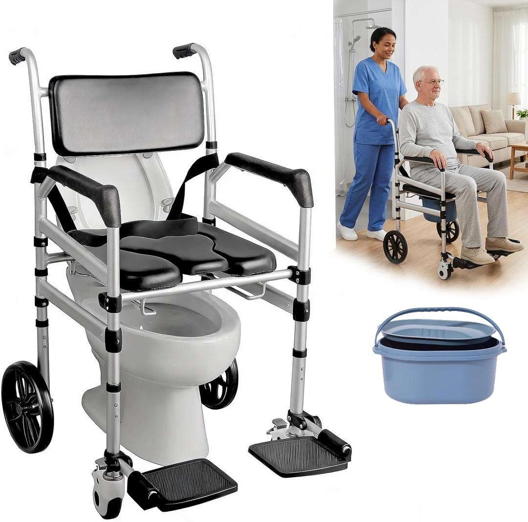 Extra-Tall Rolling Shower Wheelchair,Heavy-Duty Multifunction Commode Chair