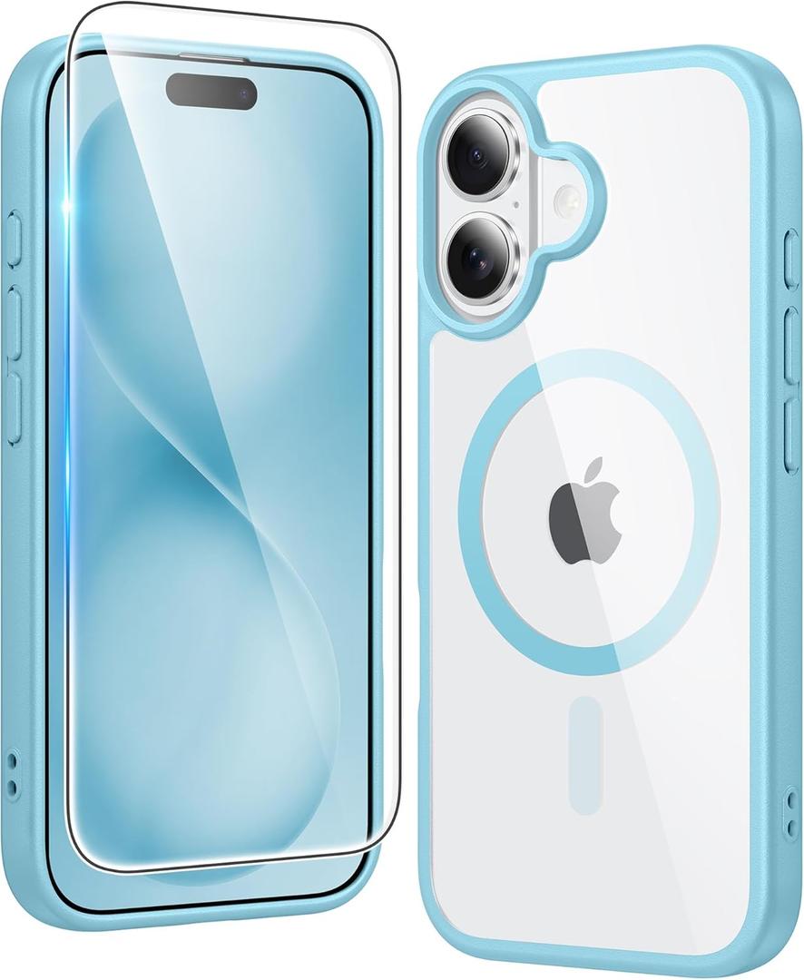 FNTCASE for iPhone 16 Case Clear: Magnetic Phone Cases Compatible with Magsafe Slim Anti Yellowing Military Grade Drop Protection Rugged Protective Transparent Cell Phone Cover (B-Teal Magnetic)
