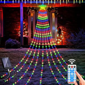 Solar Outdoor Christmas Decorations Lights, 350LED Christmas Star Tree Light wth Remote Control, 8 Modes Waterfall Lights USB Charge for Holiday Xmas Tree Patio Yard Decor, Multicolor (11.8 FT)