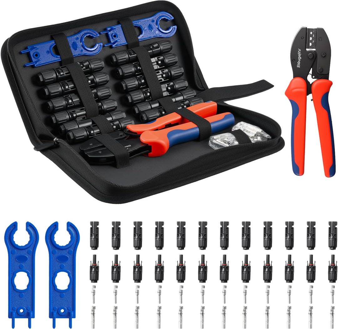 BougeRV Solar Crimper Tool Kit - Crimper, 12 Pairs Connectors, 2 Spanner Wrench for 14-10 AWG Solar Panel Cable Wire Crimping PV Assembly and Installation BougeRV Solar Crimper Tool Kit - Crimper, 12 Pairs Connectors, 2 Spanner Wrench for 14-10 AWG Solar Panel Cable Wire Crimping PV Assembly and Installation