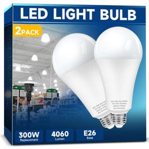 300W Equivalent LED Light Bulb, Super Bright 4060 Lumen, 5000k Cool Daylight White, A23 E26 Medium Base, 33 Watt LED Bulb, No-dim, for Garage Warehouse Workshop Backyard Patio Supermarket, 2-Pack