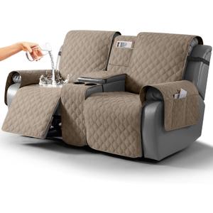 TAOCOCO 100% Waterproof Loveseat Recliner Cover with Center Console, Reversible Reclining Couch Cover for 2 Seats with Leg Straps, Washable Split Sofa Cover Protector for Pets Kids (Khaki)