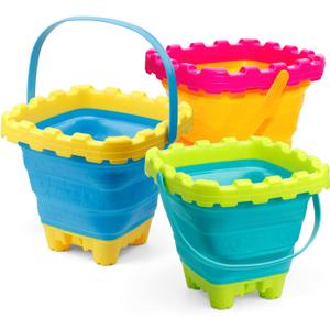 3L Jumbo Foldable Buckets, Castle Sand Beach Toy Silicon Pails For Kids Adults, Collasible Water Bucket Sandbox Kit Multi Use Summer Essential For Travel Cleaning, Camping, Picnic, Fishing 3 PCS