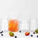 Ziliny 4 Pcs Creative Glassware Set Wave Shape Drinking Glasses with Glass Straw Aesthetic Cups Vintage Ribbed Glass Cups Cute Drinking Glasses for Tea Beer Water Cocktail Coffee Beverage Kitchen