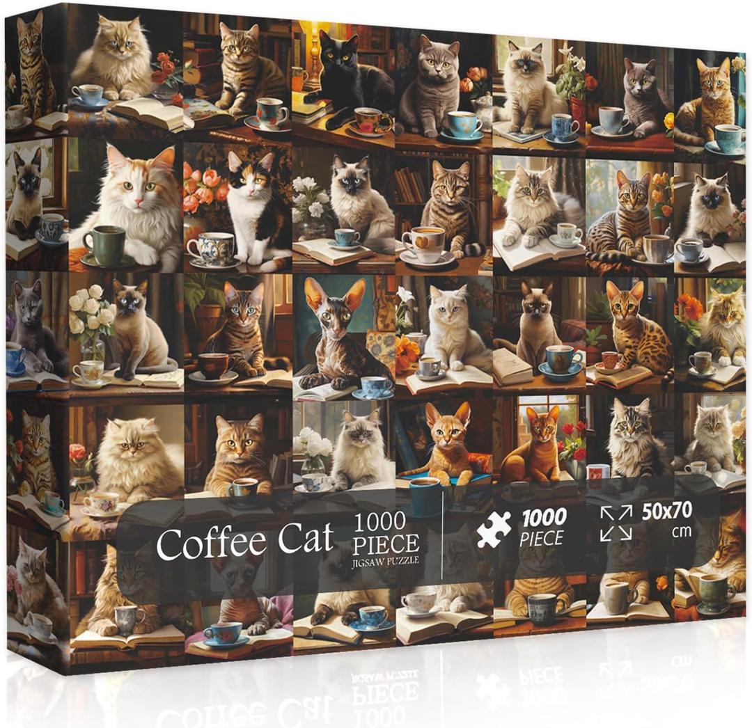Cat Puzzles for Adults 1000 Pieces and Up, Vintage Cats Animal Puzzle Collects 40 Coffee Book Cats Collage Jigsaw Puzzle, Retro Funny Kitten Puzzle as Cat Wall Decor