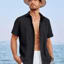 Runcati Mens Linen Cuban Guayabera Shirts Button Down Short Sleeve Shirt Cotton Hippie Summer Beach Vacation Shirts (Black, L)