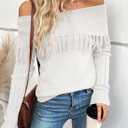 EVALESS Womens Off The Shoulder Sweater Fall Fringe Long Sleeve Loose Pullover Sweaters Tops (White, XL)